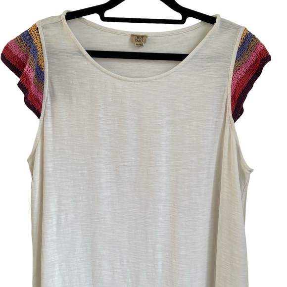 TRUE CRAFT rainbow crochet sleeves white shift dress 100% cotton size XL - Picture 2 of 8
